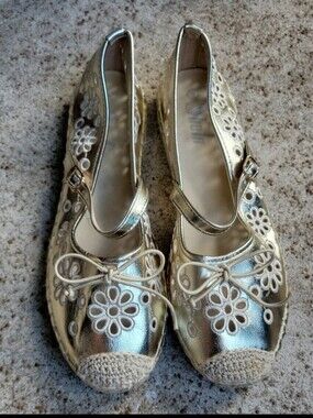 Metallic Gold Floral Mary Jane Ballet Flats with Crochet Toe
